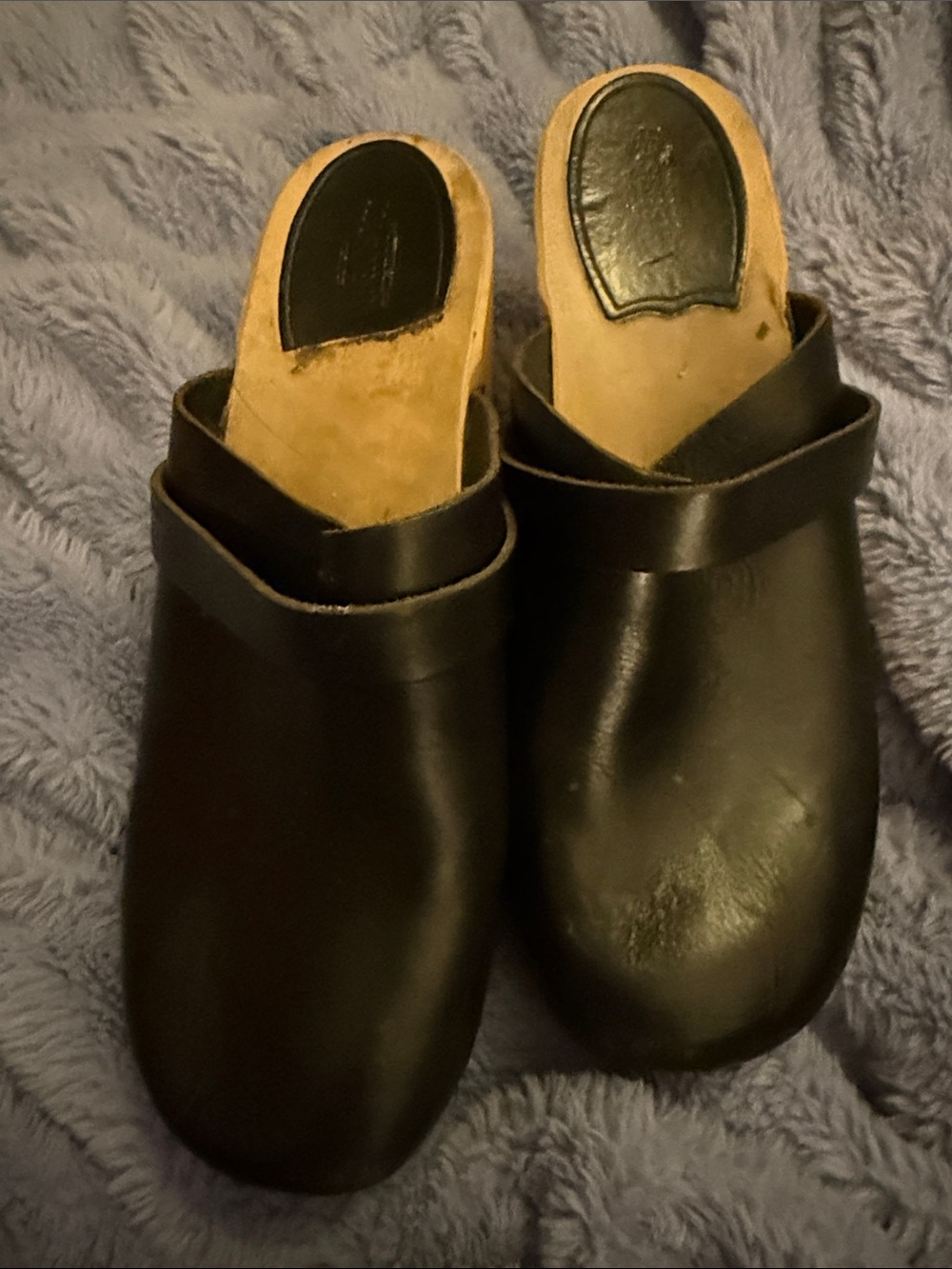 Swedish Hasbeens Black Leather Slip-On Clogs